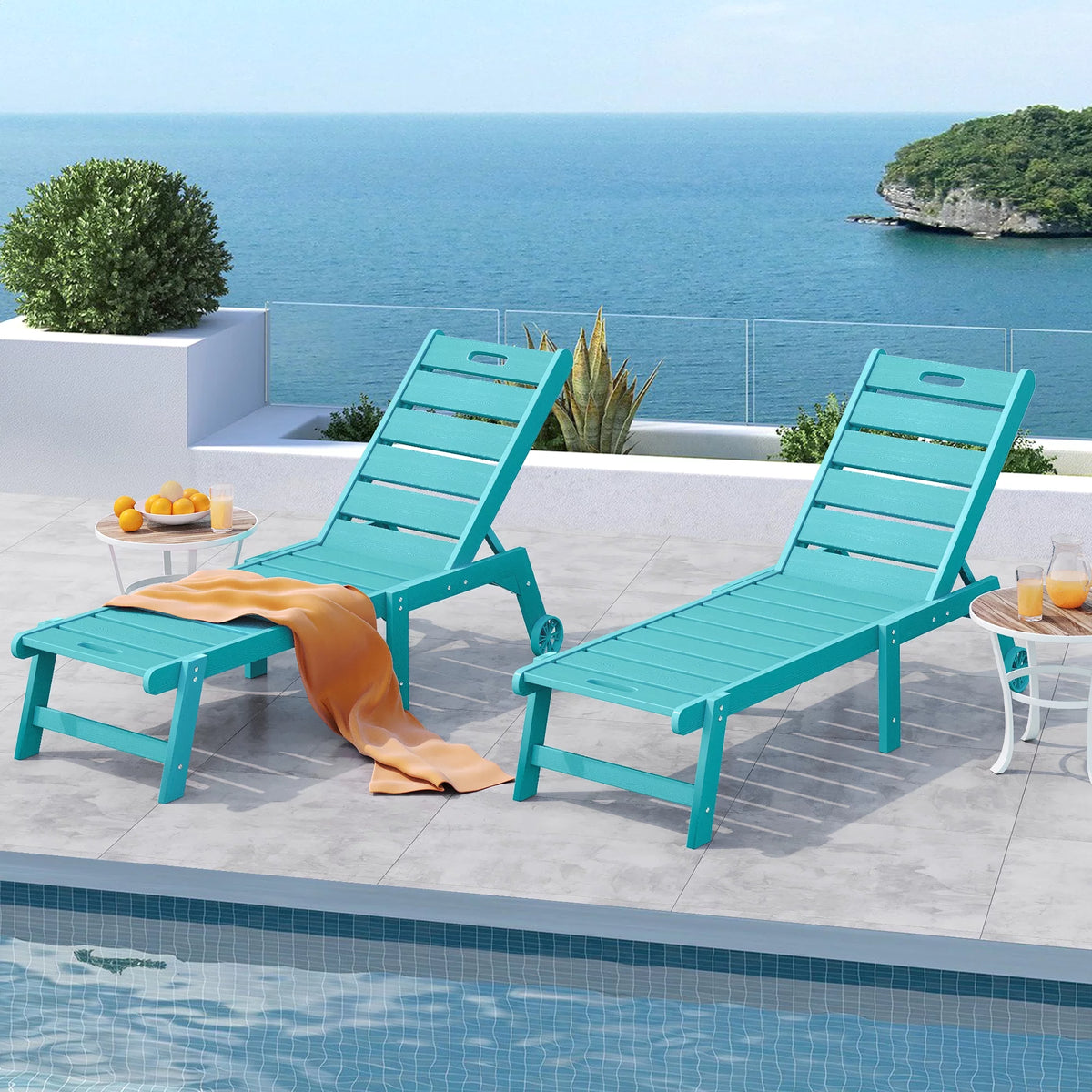 Blue 2 Pieces Patio Chaise Lounge Chairs with Wheels K52306