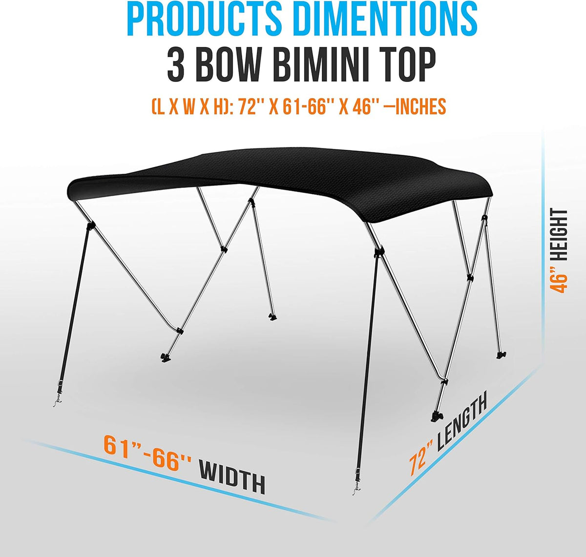 Waterproof 61-66W 3 Bow Boat Bimini Top Canvas Sun Shade with Storage Boot V728754