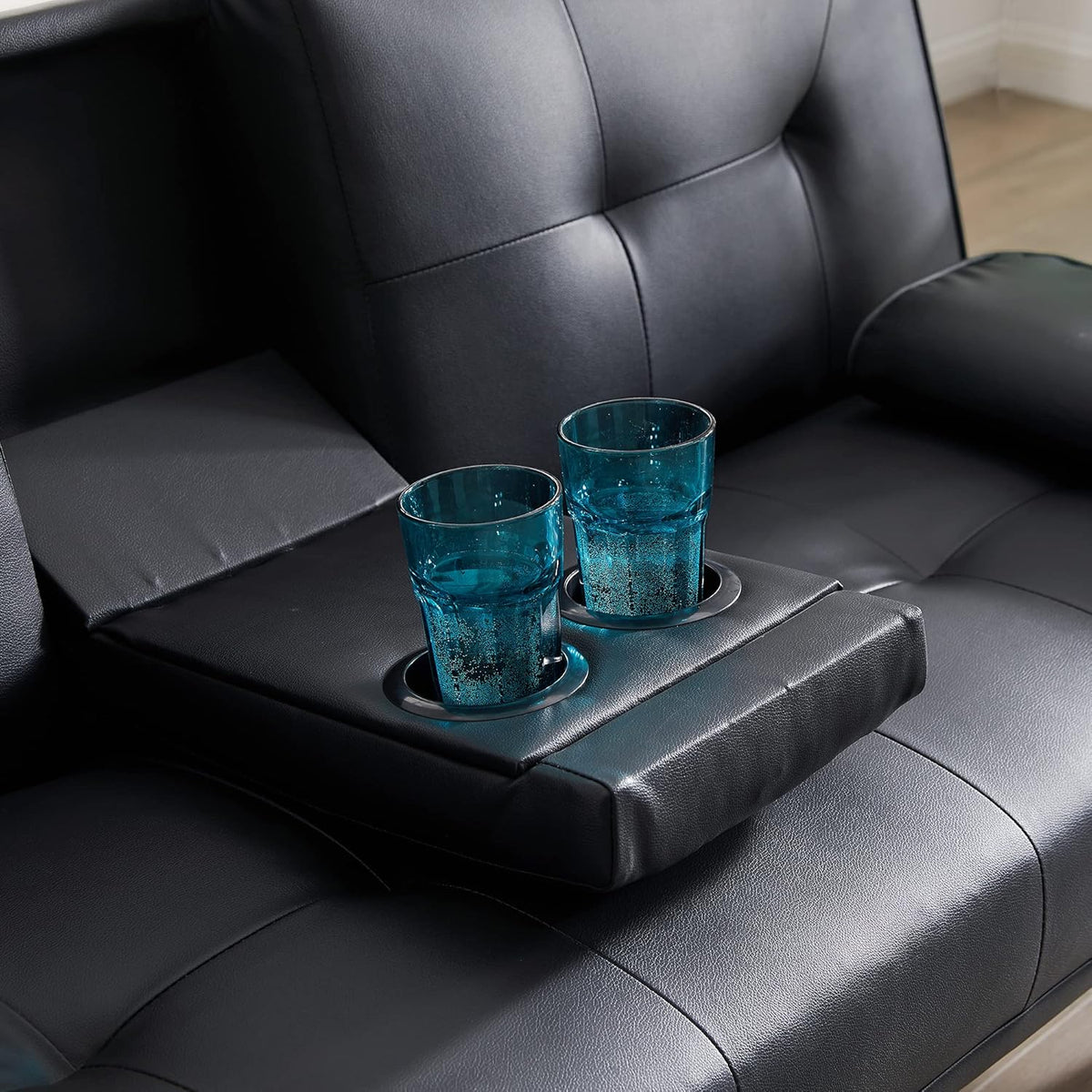 Black Faux Leather Loveseat Sofa Bed with Cup Holders O5302