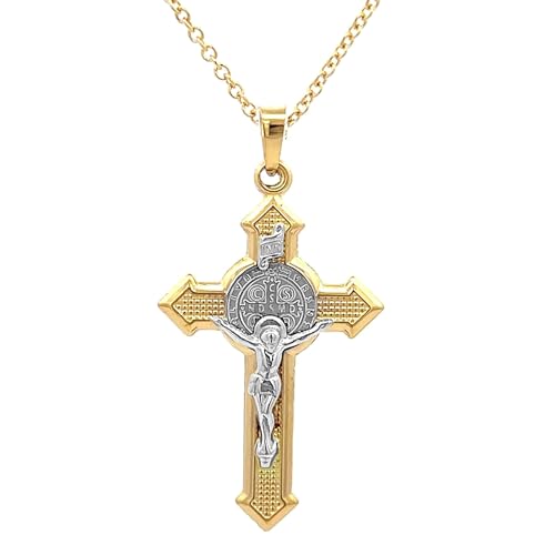 14k Two Tone Gold Saint Benedict Crucifix Cross Reversible Pendant M770822