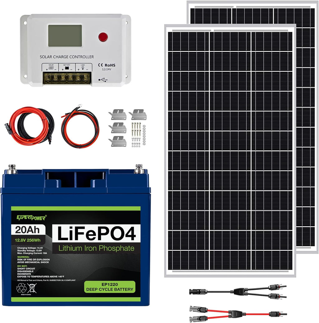 200W 12V Solar Power Kit with 200W Mono Rigid Solar Panels and 20A MPPT Solar Charge Controller O45996