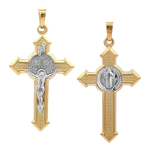 14k Two Tone Gold Saint Benedict Crucifix Cross Reversible Pendant M770822