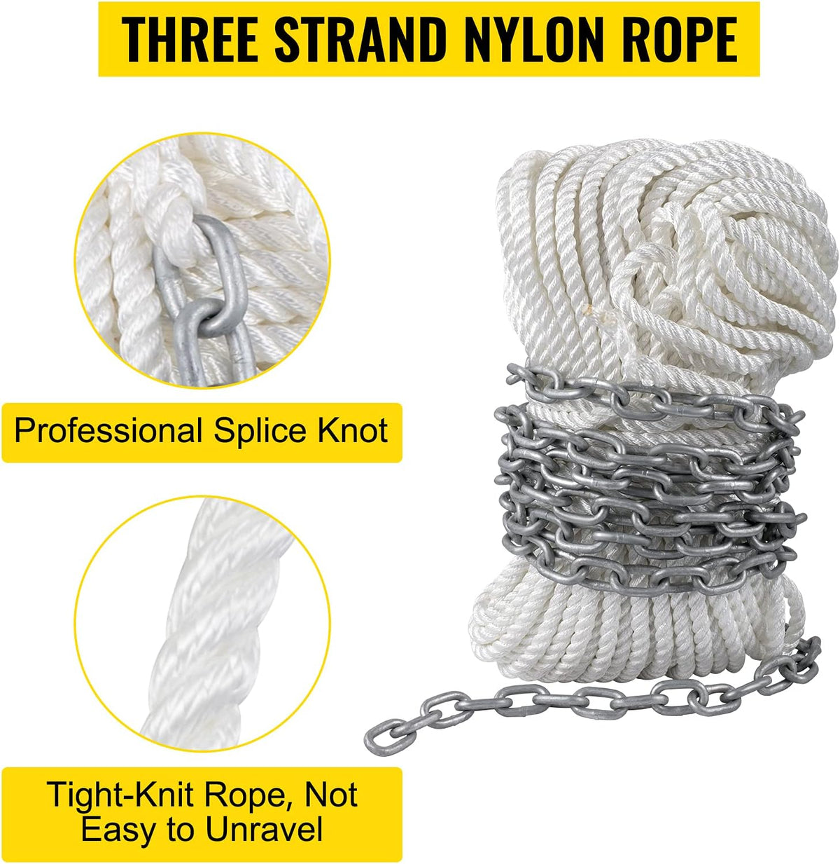 15' x 5/16" Boat Anchor Chain, 1/2" x 200' Nylon Rope, Galvanized Steel Chain S4649