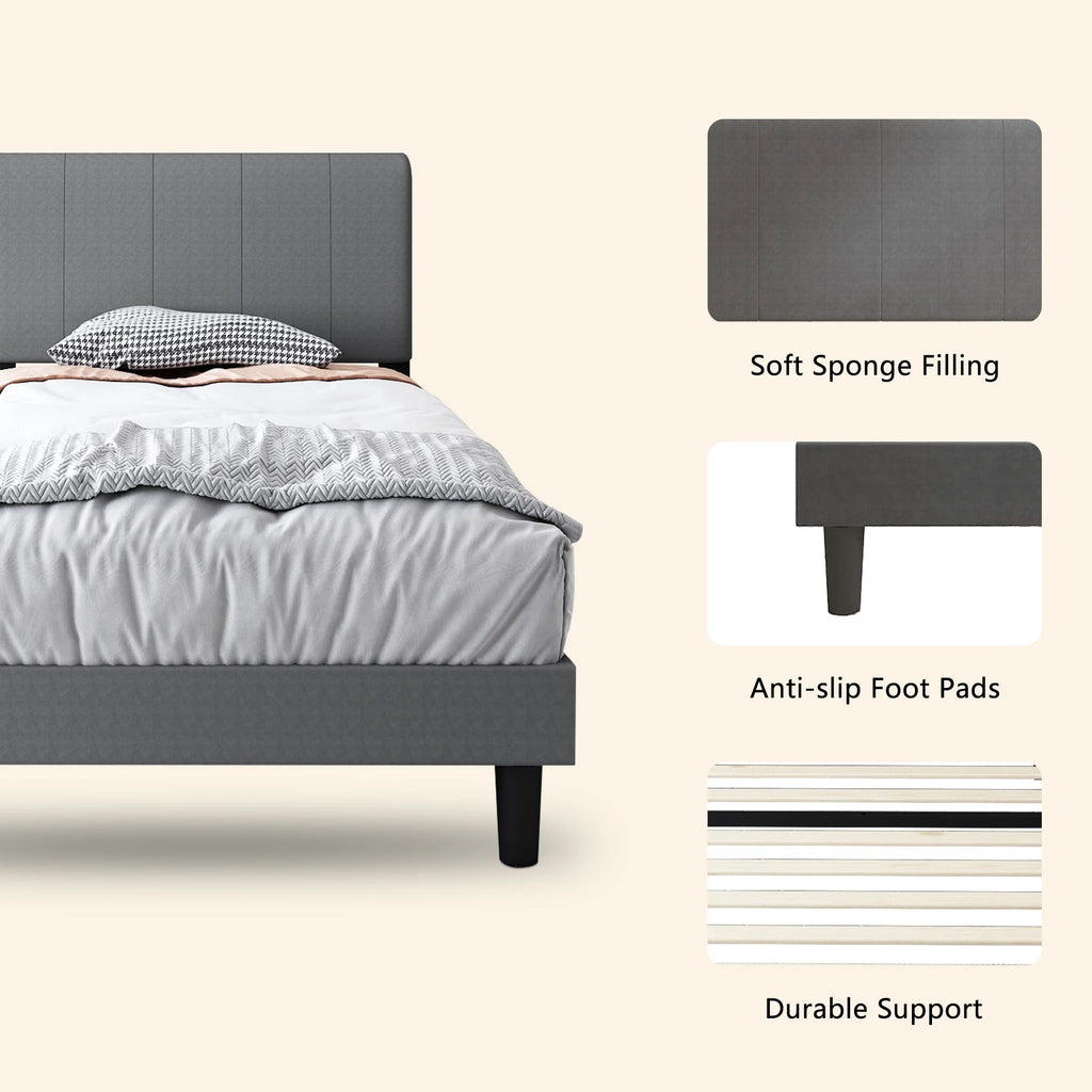 Gray Twin Upholstered Platform Bed Frame with Wood Slat Support Q94254