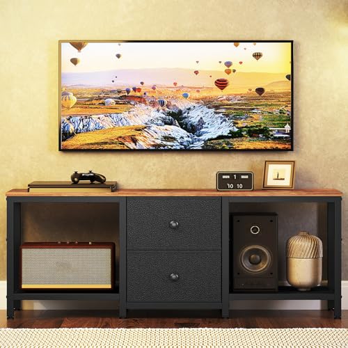 Rustic Brown and Black TV Stand with 2 Fabric Drawer J9543