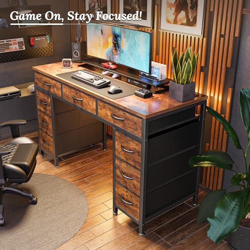 47 Inch Office Desk with Outlets and 9 Fabric Drawers S72028