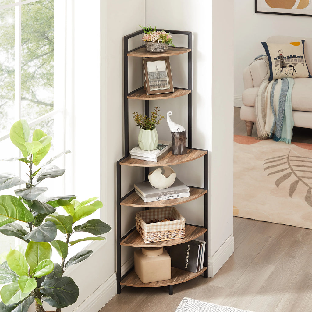 6-Tier Corner Wood Bookcase Rustic Brown E943
