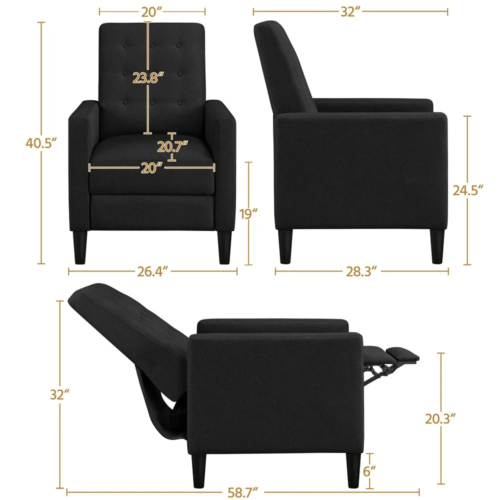 Black Fabric Tufted Recliner Chair with Adjustable Back & Footrest A546