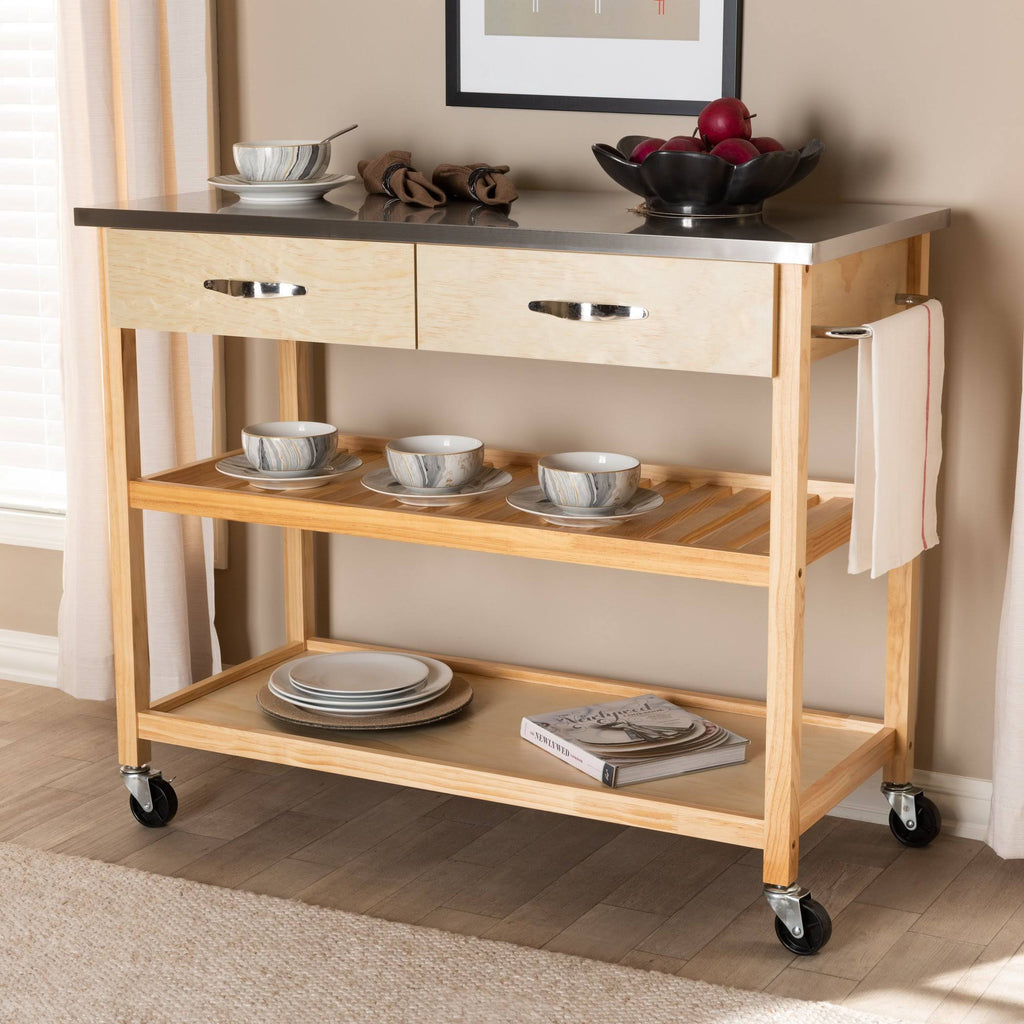 Pine Wood and Stainless Steel 2-Drawer Kitchen Island Utility Storage Cart L295
