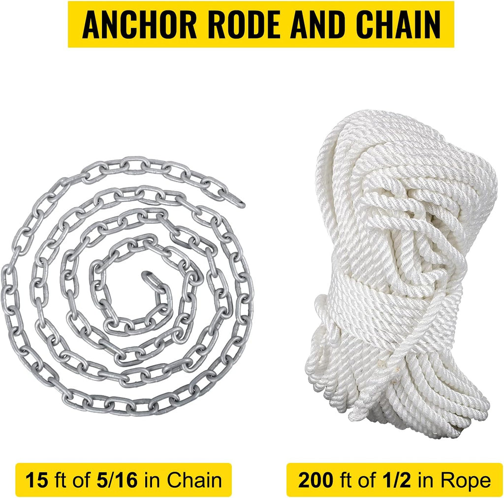 15' x 5/16" Boat Anchor Chain, 1/2" x 200' Nylon Rope, Galvanized Steel Chain S4649