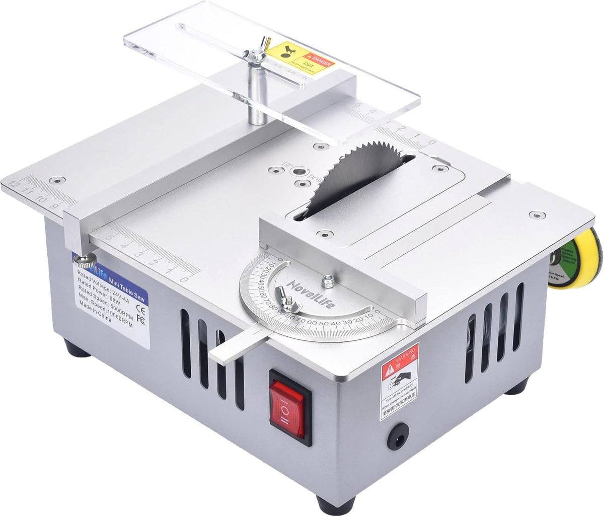 Mini Hobby Table Saw with Miter Gauge, 3 Inch HSS Alloy Steel Circular Saw Blade, Polishing Pad, 96W Power Supply A1113