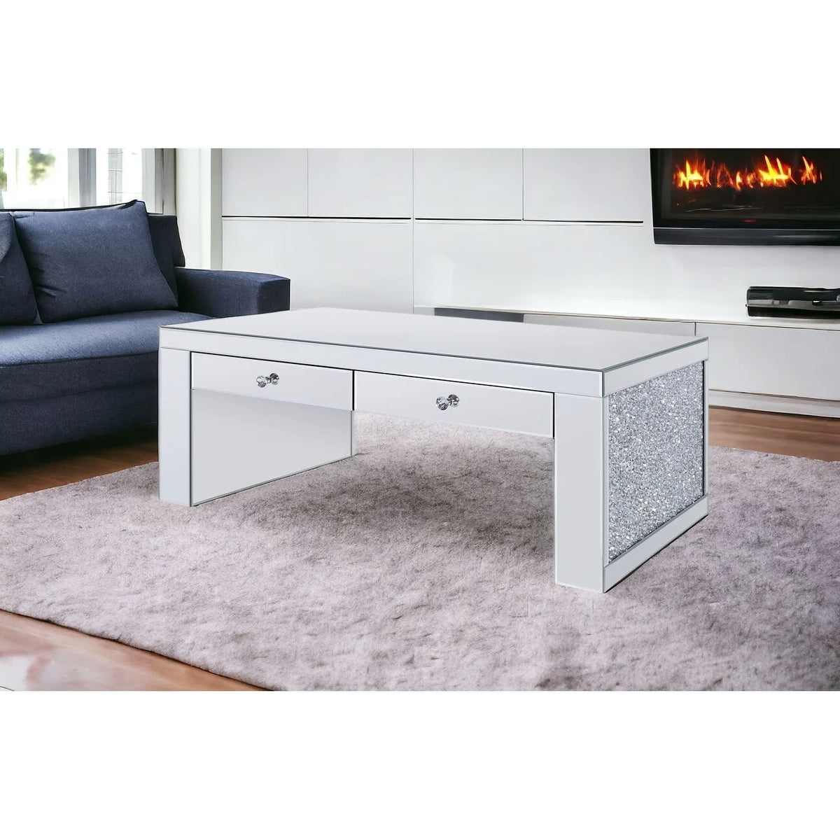 48" Silver Mirrored Coffee Table with Two Drawers D763039