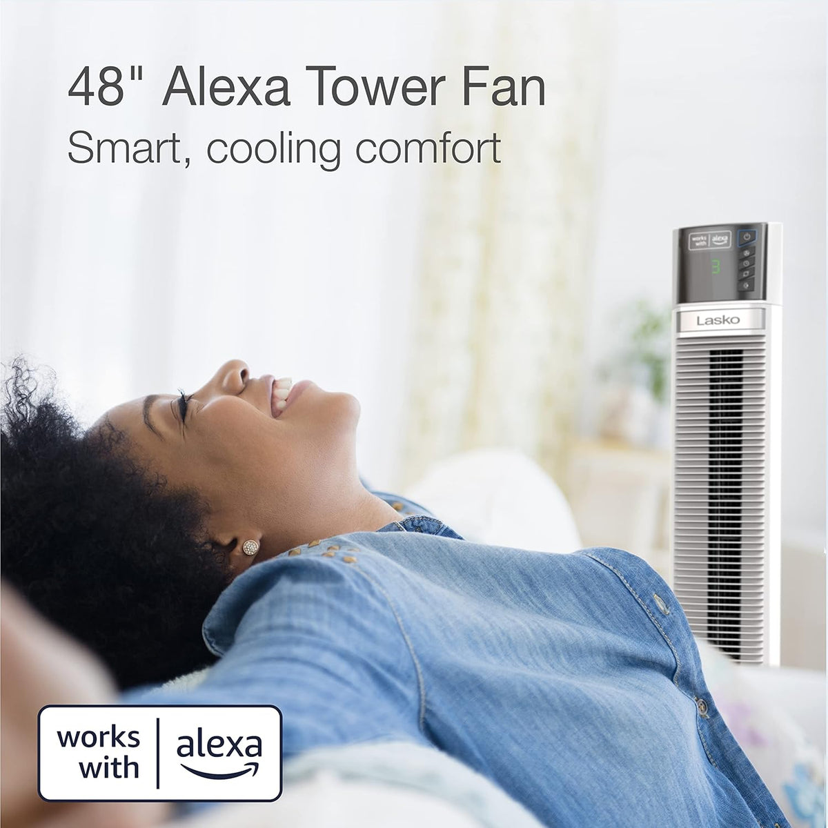 White 48” Oscillating 4-Speed Tower Fan with Timer F7405