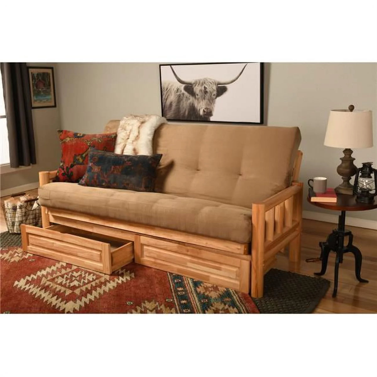 Natural Futon Frame with Mattress & Storage Drawers Full Size Y881