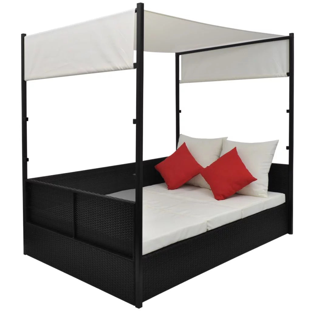 Black Poly Rattan Garden Bed with Canopy L226446