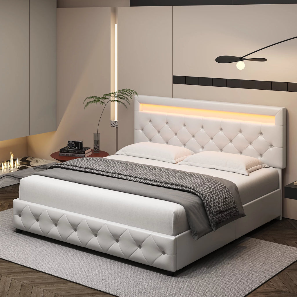 King LED Bed Frame with 4 Storage Drawer White O186