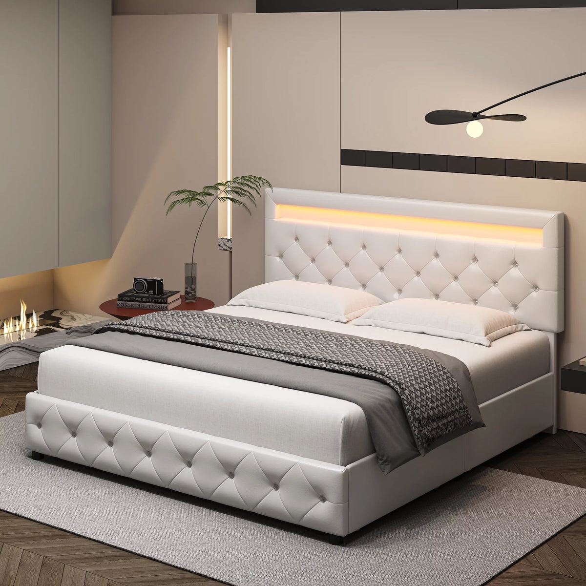 King LED Bed Frame with 4 Storage Drawer White O186