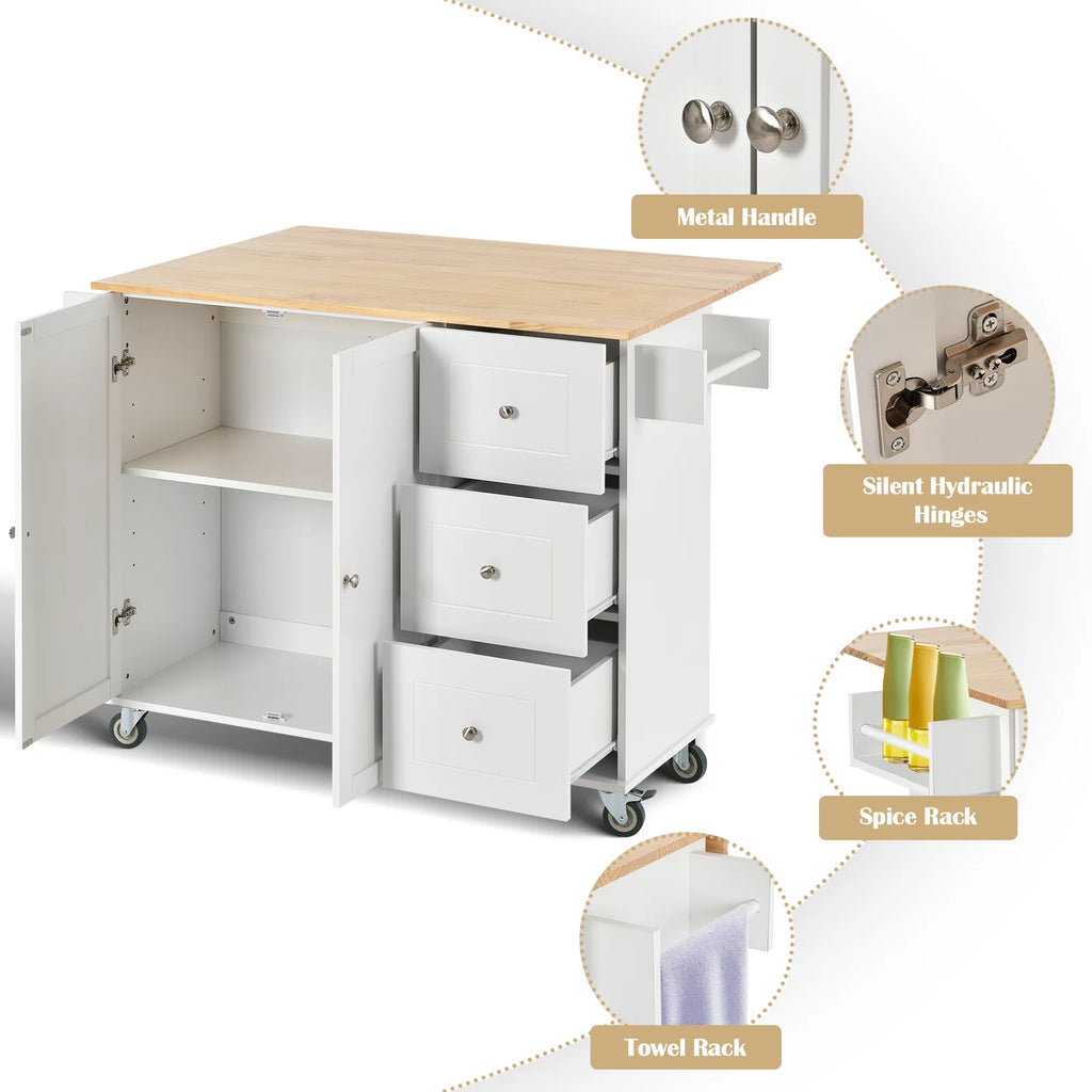 White Portable Kitchen Island with Drop Leaf and Storage R853