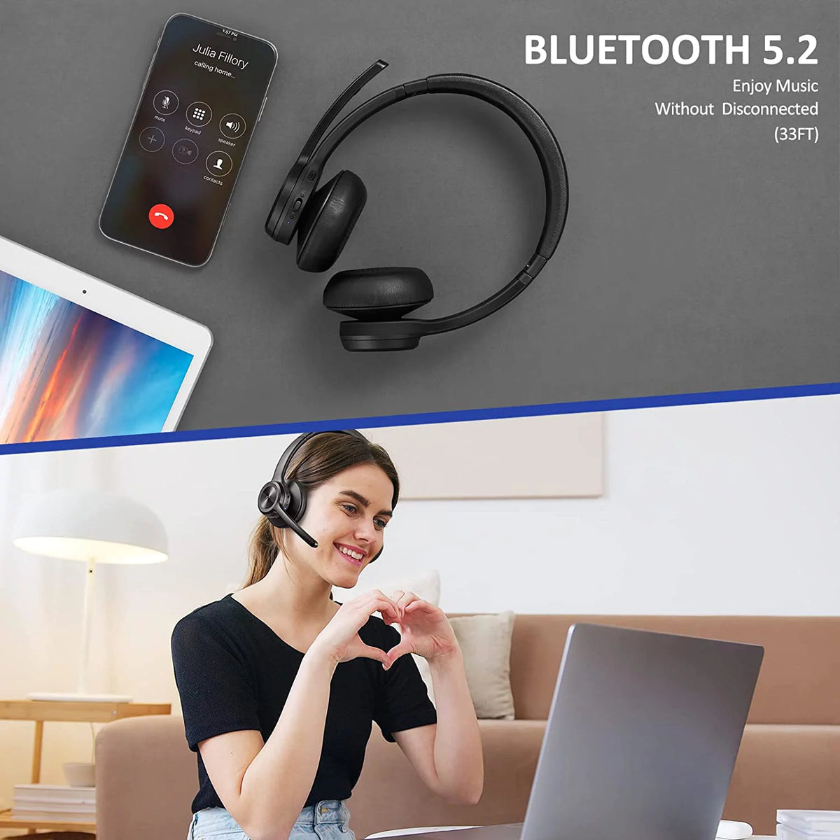 Bluetooth Headset V5.2 Wireless Headphones with Noise Cancelling Microphone H7104
