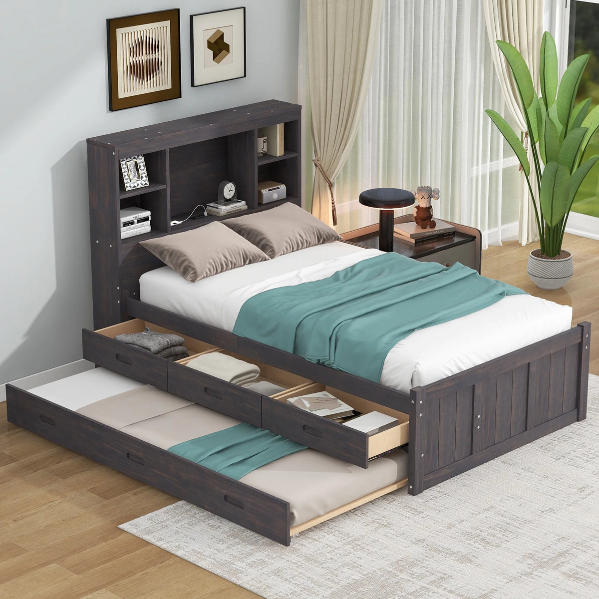 Twin Size Wood Platform Bed with Storage Headboard and Trundle V636762