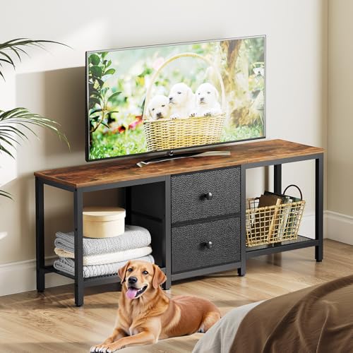 Rustic Brown and Black TV Stand with 2 Fabric Drawer J9543