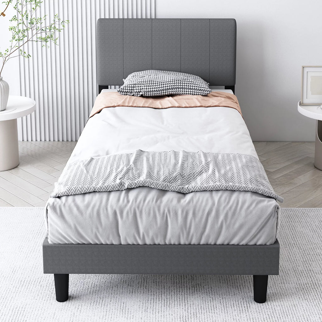 Gray Twin Upholstered Platform Bed Frame with Wood Slat Support Q94254