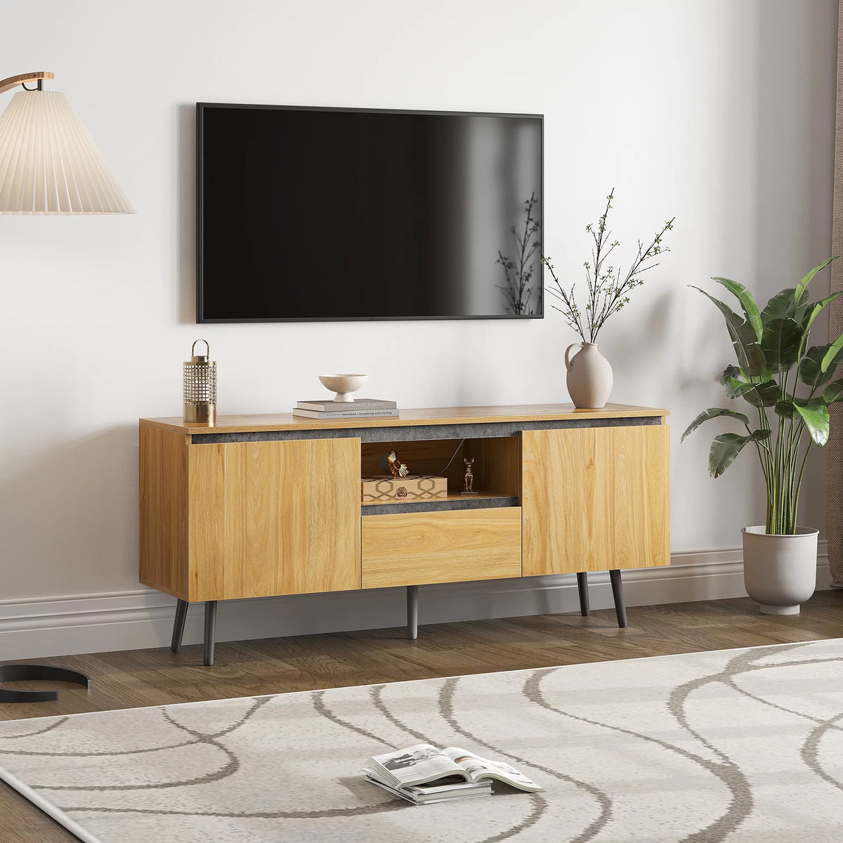 Farmhouse Wood TV Stand with LED Lights I725