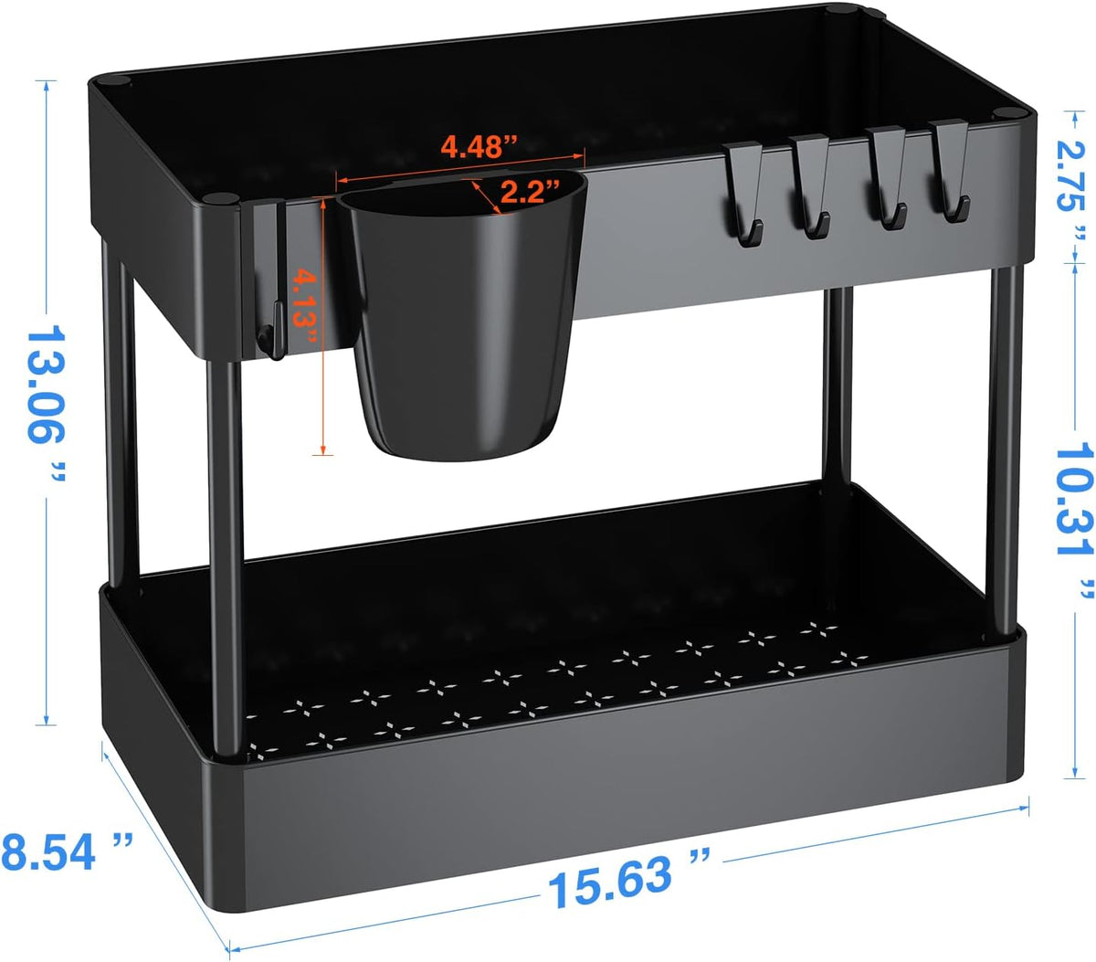 2 Tier Under Sink Rack Organizer with 6 Hooks, Black C9668