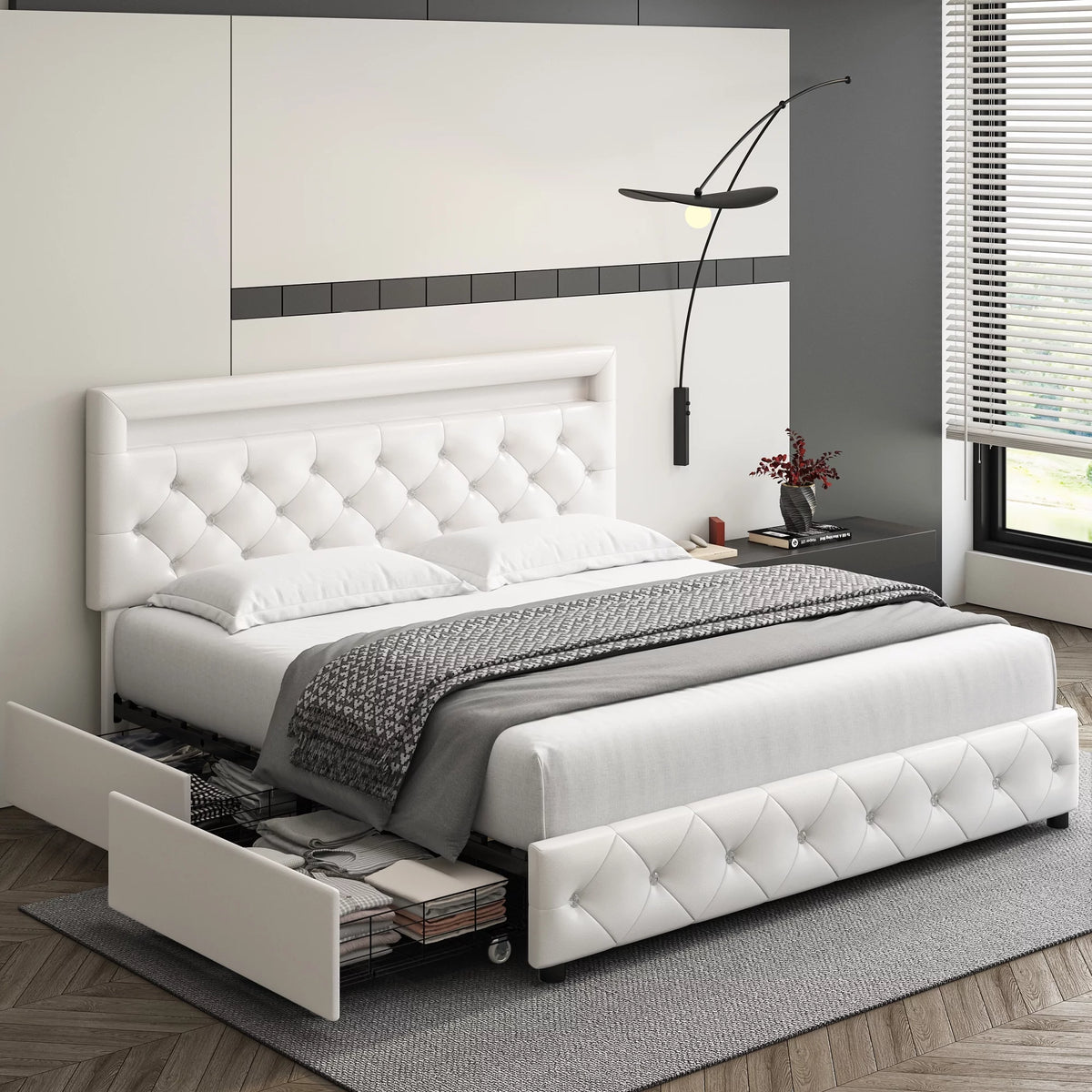 King LED Bed Frame with 4 Storage Drawer White O186