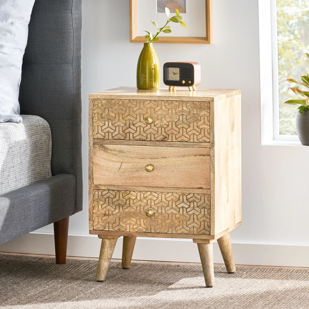 Handmade Mango Wood 3 Drawer Nightstand M688