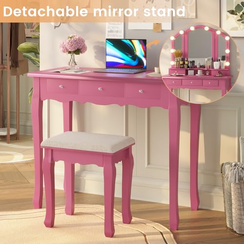 White Vanity Desk with Lighted Mirror and Stool, 5 Drawers Z8557