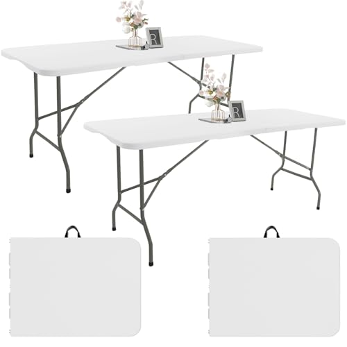 2 Pack 6 FT White Folding Plastic Table with Carrying Handle F92733