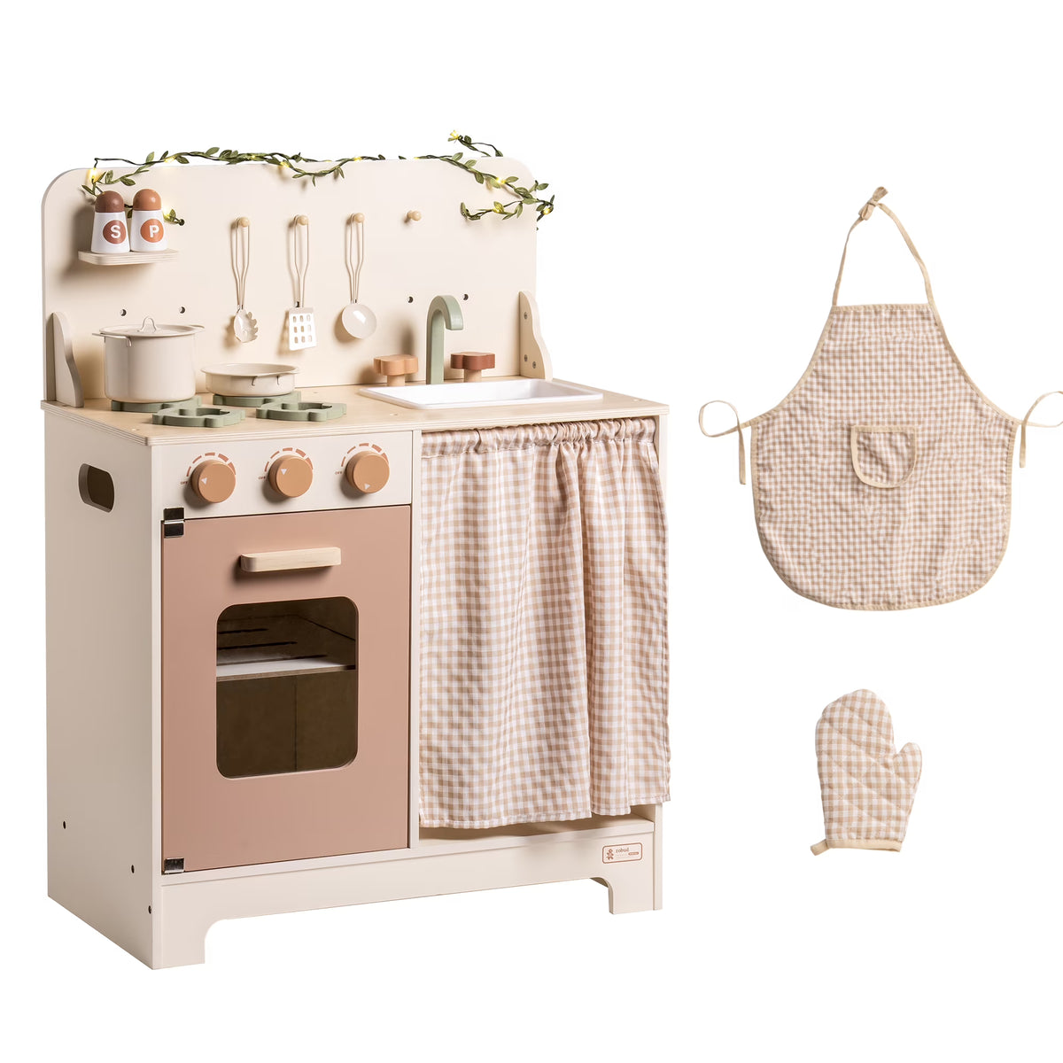 Cream Wooden Kids Kitchen Playset with Apron and Gloves T9795