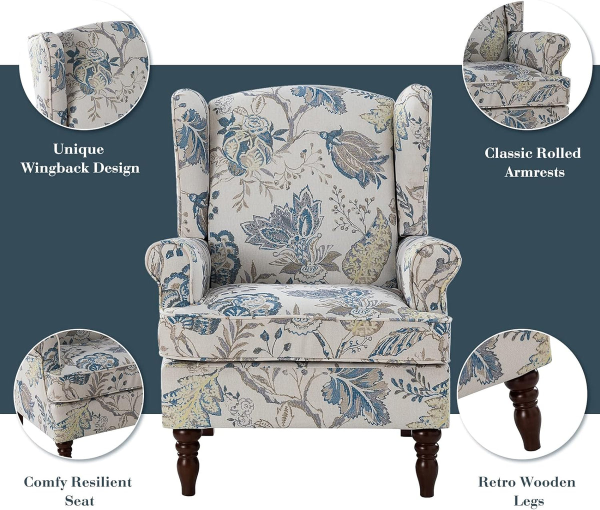 Wingback Accent Chairs Set Of 2 With Wood Legs Fabric Upholstered V489