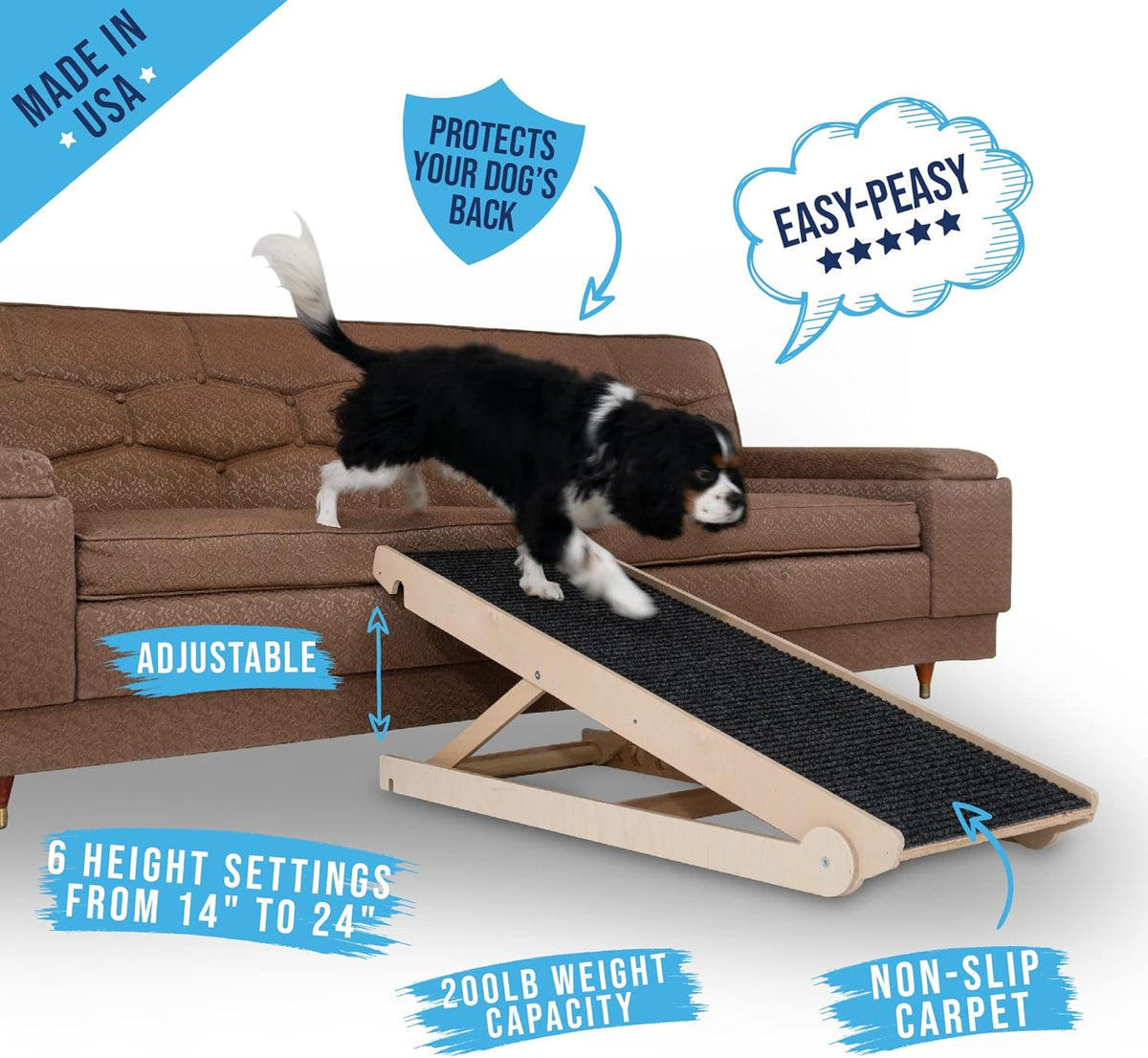 Adjustable Dog Ramp with Paw Traction Mat, 40" Long, 14” to 24”, Rated for 200LBS T311