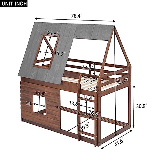 Oak & Smoky Grey Twin Over Twin Wood Bunk Bed with Roof and 2 Windows V40987