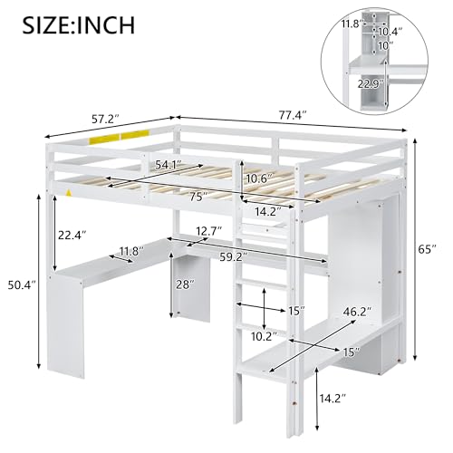 Full Size White Wood Loft Bed with Desk and Shelves P44192