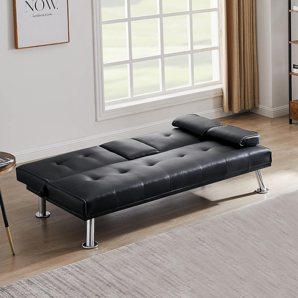 Black Faux Leather Loveseat Sofa Bed with Cup Holders O5302
