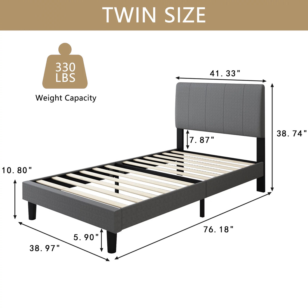 Gray Twin Upholstered Platform Bed Frame with Wood Slat Support Q94254