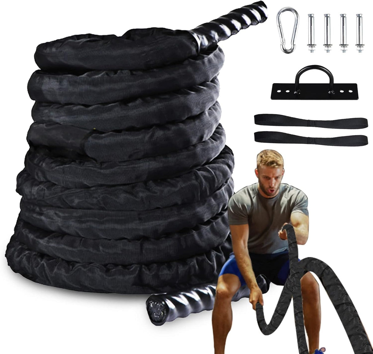 Heavy Battle Rope with Anchor Strap and Wall Mount Bracket Kit T980807