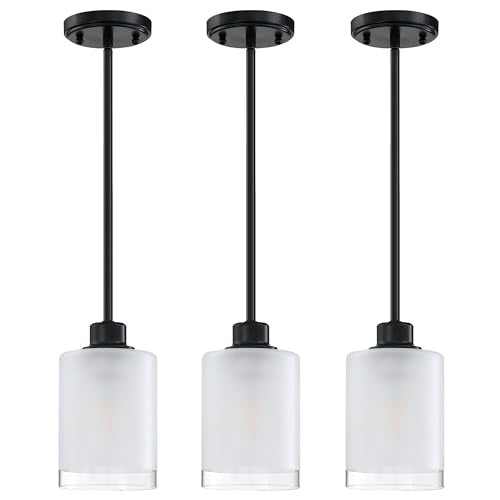 3 Pack 1-Light Industrial Farmhouse Pendant Ceiling Light Frosted Glass Black Finish S5000