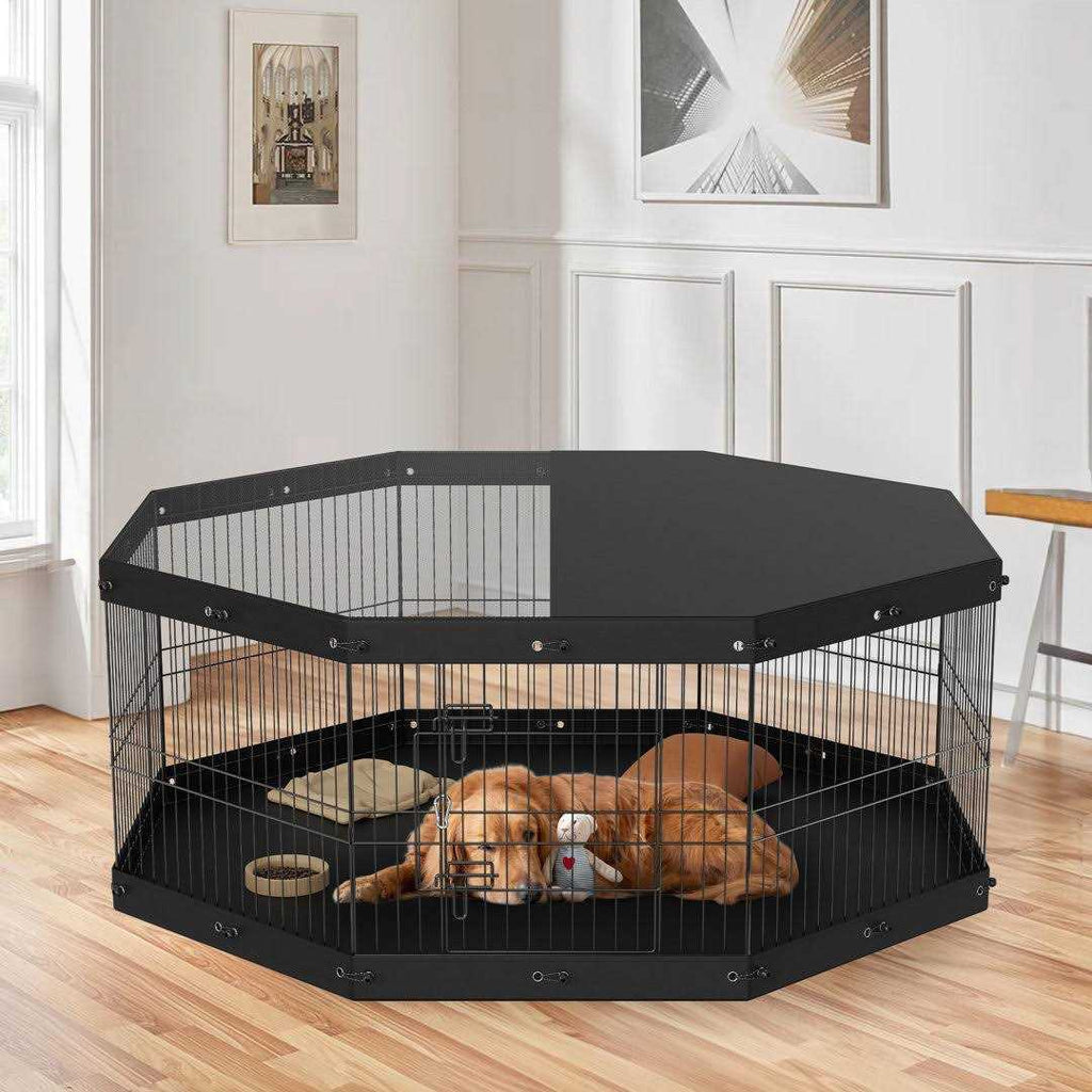 8 Panels Foldable Metal Dog Exercise Pen with Top Cover and Bottom Pad R36156