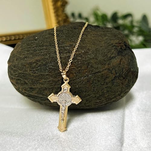 14k Two Tone Gold Saint Benedict Crucifix Cross Reversible Pendant M770822