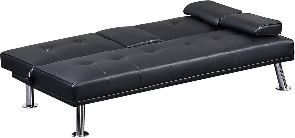 Black Faux Leather Loveseat Sofa Bed with Cup Holders O5302