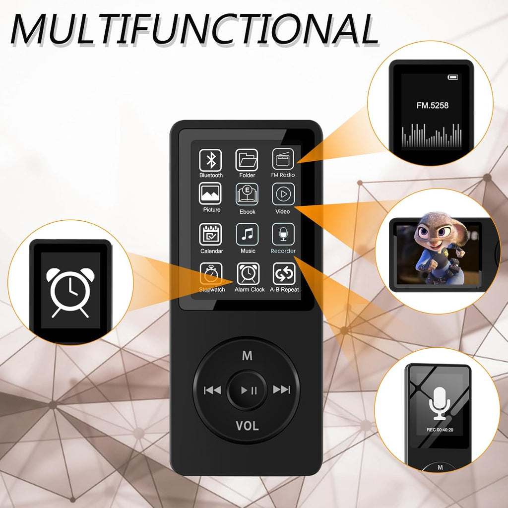 32GB Bluetooth MP3 Player with Speaker, FM Radio, Voice Recorder, Alarm Clock, Supports up to 128GB, Including Earphones B5766