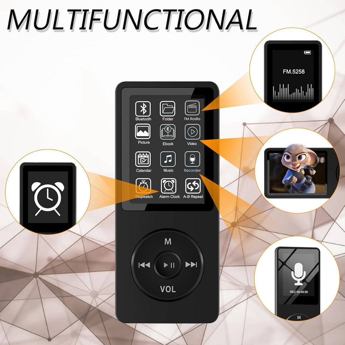 32GB Bluetooth MP3 Player with Speaker, FM Radio, Voice Recorder, Alarm Clock, Supports up to 128GB, Including Earphones B5766