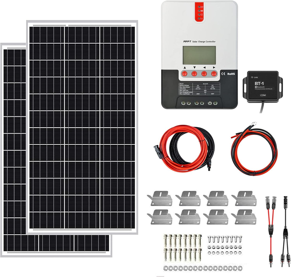 200W 12V Solar Power Kit with 200W Mono Rigid Solar Panels and 20A MPPT Solar Charge Controller O45996
