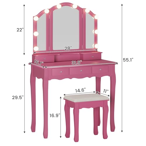 White Vanity Desk with Lighted Mirror and Stool, 5 Drawers Z8557