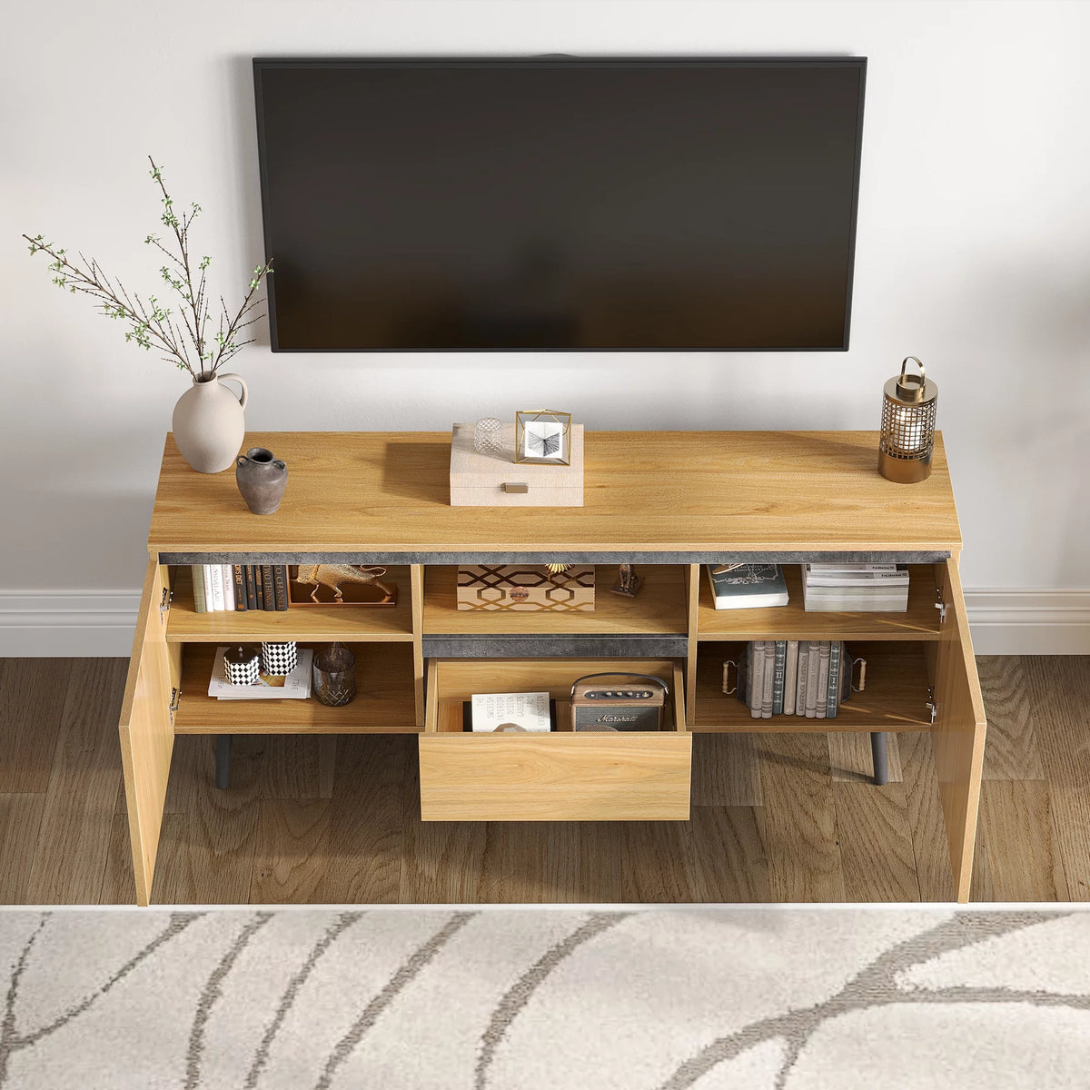 Farmhouse Wood TV Stand with LED Lights I725