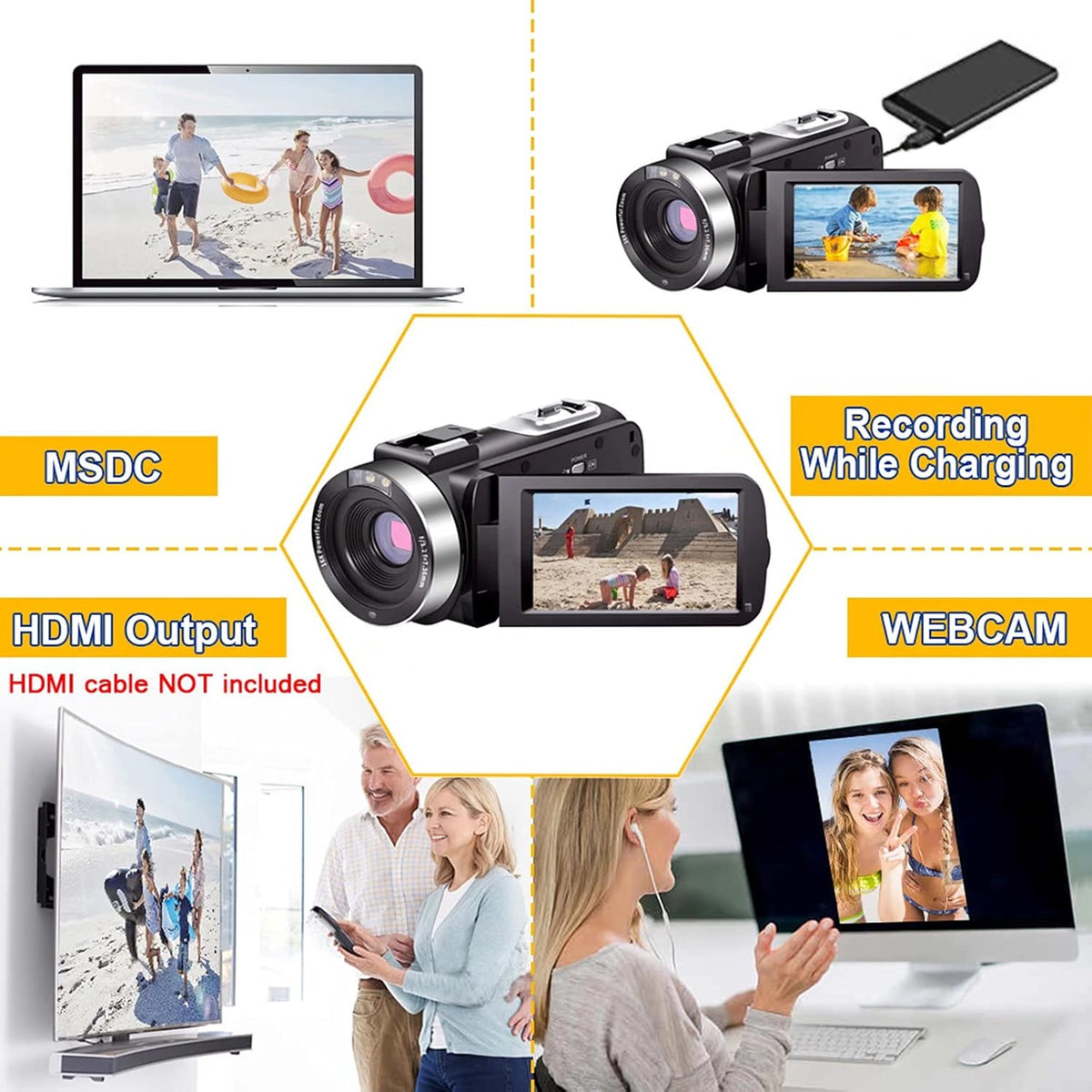 Video Camera Camcorder Full HD 1080P 30FPS 24.0 MP IR Night Vision 3.0 Inch IPS Screen 16X Zoom with 2 Batteries Q637